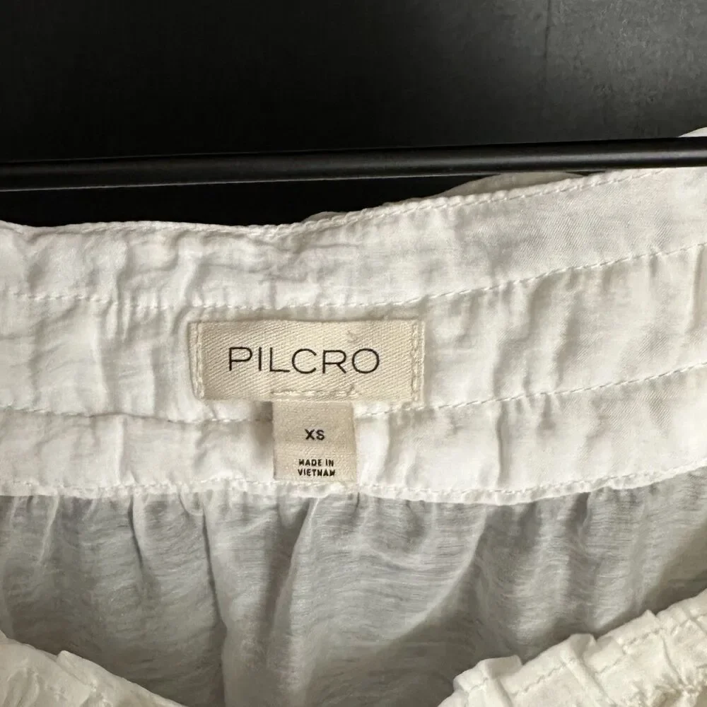 Pilcro Short-Sleeve Button Up Sheer Silky Blouse Scoop Neck Puff Sleeve Top XS